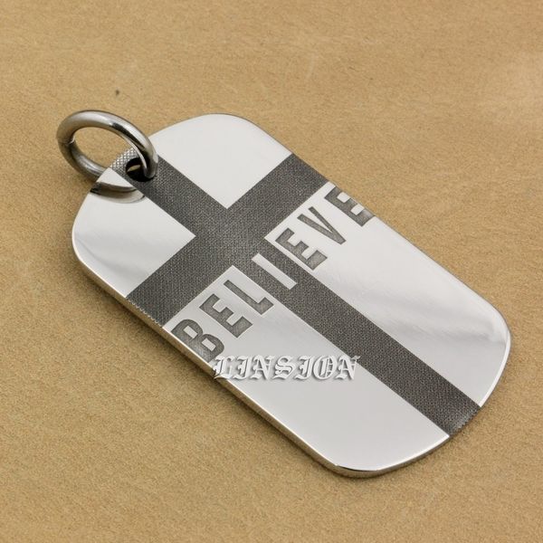linsion solid 316l stainless steel high detail deep laser engraved believe cross customized charms pendant 9x218 jp, Silver